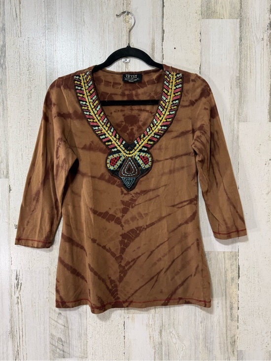 Tryst Tops - Tryst Brown Tie-Dye V-Neck Tunic with Beaded Embroidered Embellishment